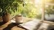 © 69 Timeless  Studio  - Newspaper spread out on a wooden desk with a cup of coffee and a fresh plant, against a serene, sunlit background