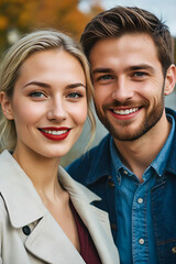 Portrait of a young couple, a handsome man with a short beard, a pretty woman with makeup and hairstyle. They look at the camera smiling.