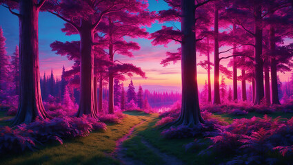 Colorful woodland glows as sun sets behind trees. Synthwave