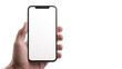 © Isaac - A close-up mockup of a hand holding a smartphone with a blank screen, isolated on a white background, ideal for app or mobile web designs.
