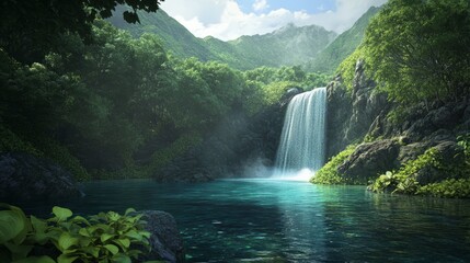 Wall Mural - Lush green jungle waterfall with a clear blue pool surrounded by rocks.