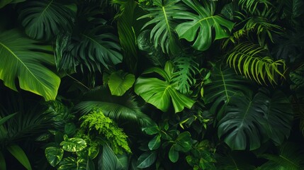 Wall Mural - Lush tropical foliage with large green leaves of monstera, ferns, and other plants.