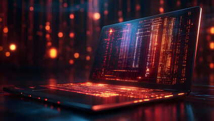 Wall Mural - a glowing laptop displaying vibrant data streams, ideal for tech and innovation themes in digital ar