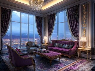 Wall Mural - Luxurious living room with panoramic city views, featuring ornate furniture, a chandelier, and large windows.