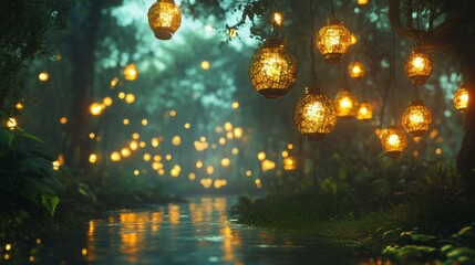 Sticker - Magical forest stream with glowing lanterns hanging from branches.