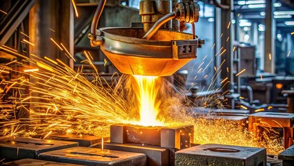 Close-up of molten metal being poured into a die casting mold, sparks flying, in a busy industrial manufacturing factory production process.