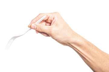 Wall Mural - Male hand holding a white plastic fork isolated on white background.