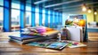 © Man888 - Colorful array of marketing materials including brochures, flyers, business cards, and folders on a modern wooden desk against a blurred blue background.