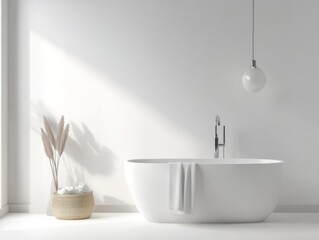 Poster - Modern bathroom with freestanding bathtub, fluffy towels and a single light fixture.