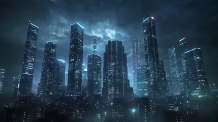 Canvas Print - Modern cityscape with tall skyscrapers illuminated by lights under cloudy night sky.