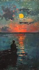 Canvas Print - Silhouette of a Man Watching the Sunset Over the Water.