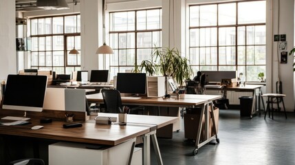 Modern office space with wooden desks, computer monitors, and natural light pouring in through large windows, creating a warm and productive work environment.