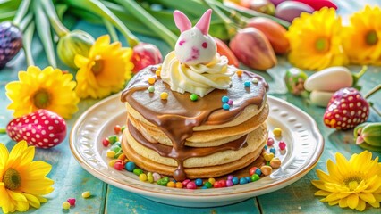 Sticker - Colorful Easter-themed pancakes with whipped cream, sprinkles, and a chocolate bunny on top, arranged on a pastel-hued tablecloth with fresh flowers nearby.