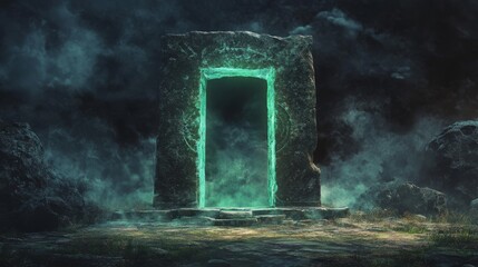 Poster - Mysterious glowing portal in a dark, foggy landscape with ancient stone structures.