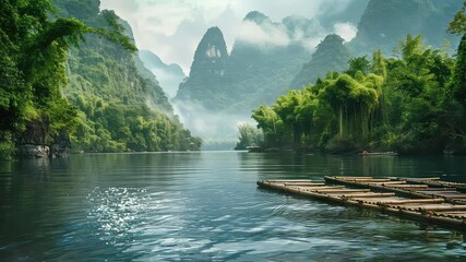 Wall Mural - animation serene river with misty mountain scenery and bamboo rafts generated with ai