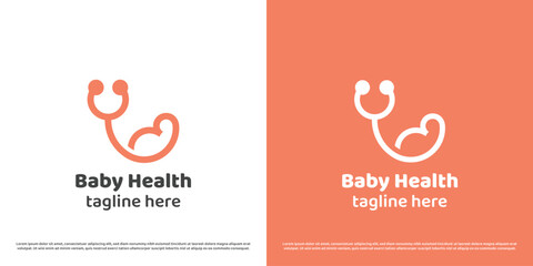 Wall Mural - Baby health logo design illustration. Linear silhouette of stethoscope baby fetus obstetrician midwife child health birth medic help care support. Geometric abstract minimal simple icon symbol.