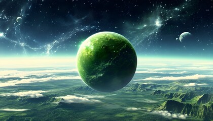 Wall Mural - The beautiful green planet floats quietly in the vast universe, with dreamy clouds and starry skies in the background.