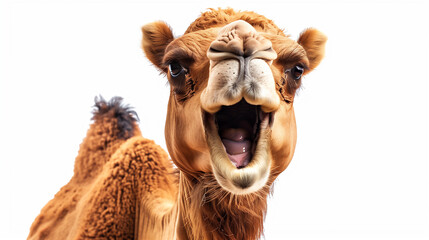 A cute camel laughing with its mouth open, funny expression on white background 