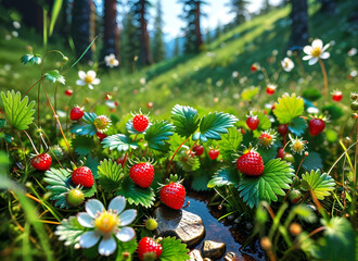 Wall Mural - small beautiful wild strawberries growing in the grass of the forest.