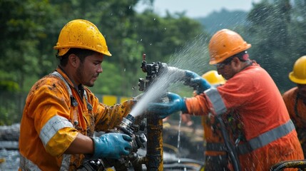 Wall Mural - Workers using high-pressure water jets for extraction. Miner in the mine