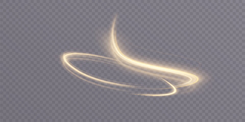 Wall Mural - Curved golden lines light effect. Light bright Twirl. High-speed light energy effect for game characters action on transparent PNG background.