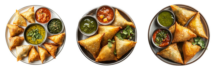 Wall Mural - A Set of plate with Indian samosas, golden and crispy, accompanied by a variety of chutneys, isolated on a transparent background