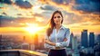 © Man888 - Confident female figure standing upright with arms crossed, exuding poise and self-assurance, against a blurred cityscape background with sunset hues.