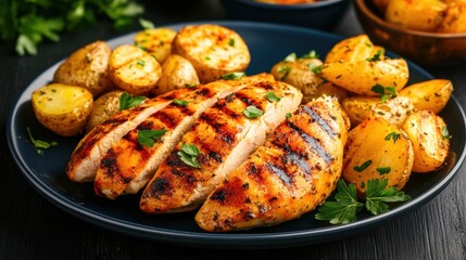 Wall Mural - A plate of juicy grilled chicken, marinated in herbs and spices, served with a side of roasted potatoes