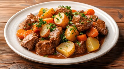 Sticker - A plate of tender, slow-cooked beef stew, with chunks of carrots, potatoes, and onions, in a rich gravy