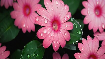 Wall Mural - rain falls on several pink flowers with green leaves in the foreground of this photograph