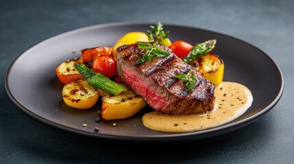 Sticker - A serving of Australian kangaroo steak, seared medium-rare, with a peppercorn sauce and grilled vegetables