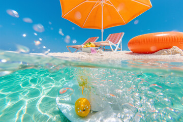 Wall Mural - Underwater view of a beach with two lounge chairs and an orange umbrella on white sand. Playful and vibrant summer vacation scene.