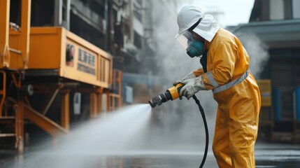 Wall Mural - Workers using high-pressure water jets for extraction. Miner in the mine