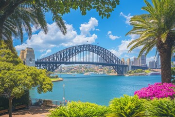 Canvas Print - Scenic view of a bridge over a harbor with lush greenery and palm trees.