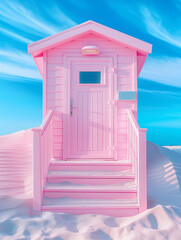 Wall Mural - A pastel pink beach hut stands on pristine white sand against a clear blue sky. Contemporary coastal design in soft hues.