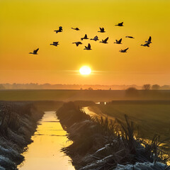 Wall Mural - sunset over the river