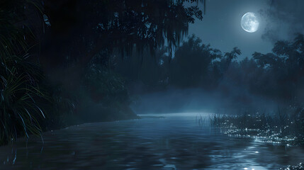 a swamp in an eerie moonlit misty forest