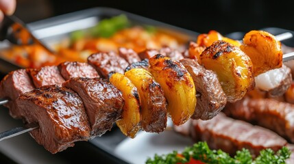 Canvas Print - A traditional Brazilian churrasco with skewers of different meats, including picanha, being carved at the table