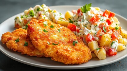 Sticker - Close-up of a crispy schnitzel, breaded and fried to golden perfection, served with a side of potato salad