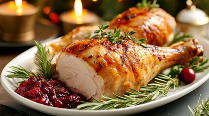 Canvas Print - Close-up of a juicy turkey leg, roasted to perfection, with crispy skin and tender meat, served with cranberry sauce