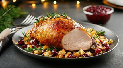 Sticker - Close-up of a juicy turkey leg, roasted to perfection, with crispy skin and tender meat, served with cranberry sauce