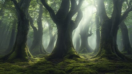 Poster - Sunbeams penetrate a dense, misty forest, illuminating the moss-covered trunks of ancient trees.