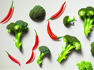 Organic green broccoli red hot chilli peppers isolated  on white fresh vegetables summer background 