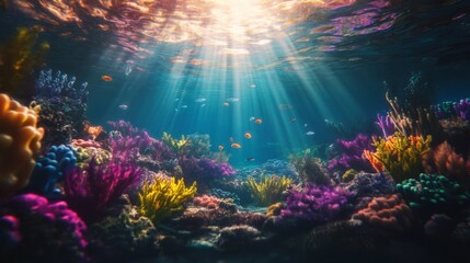 Wall Mural - Sunlight shines through blue water and illuminates colorful coral reefs and fish.