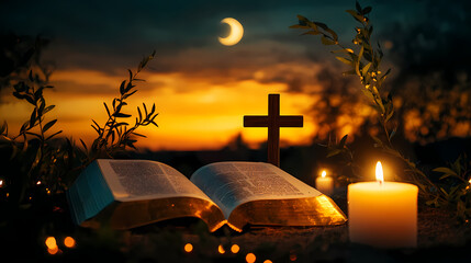 In the midst of conflict, the light of Christ brings comfort. Today let us remember the peace and strength of faith seen in this sunrise. Bible guide book open through the night, olive branch and wood