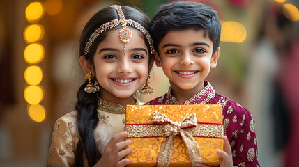 Wall Mural - indian siblings with gift box