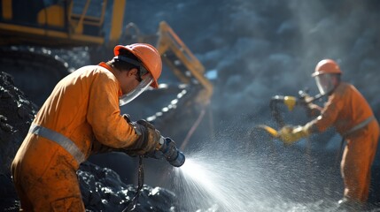 Wall Mural - Workers using high-pressure water jets for extraction. Miner in the mine