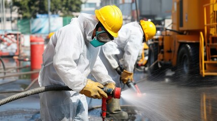 Wall Mural - Workers using high-pressure water jets for extraction. Miner in the mine