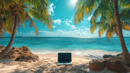 A digital nomad working from a tropical beach with a laptop and palm trees.