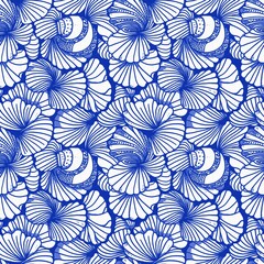 azure blue white shell motif with linen seamless batik background, modern coastal beach cottage rust